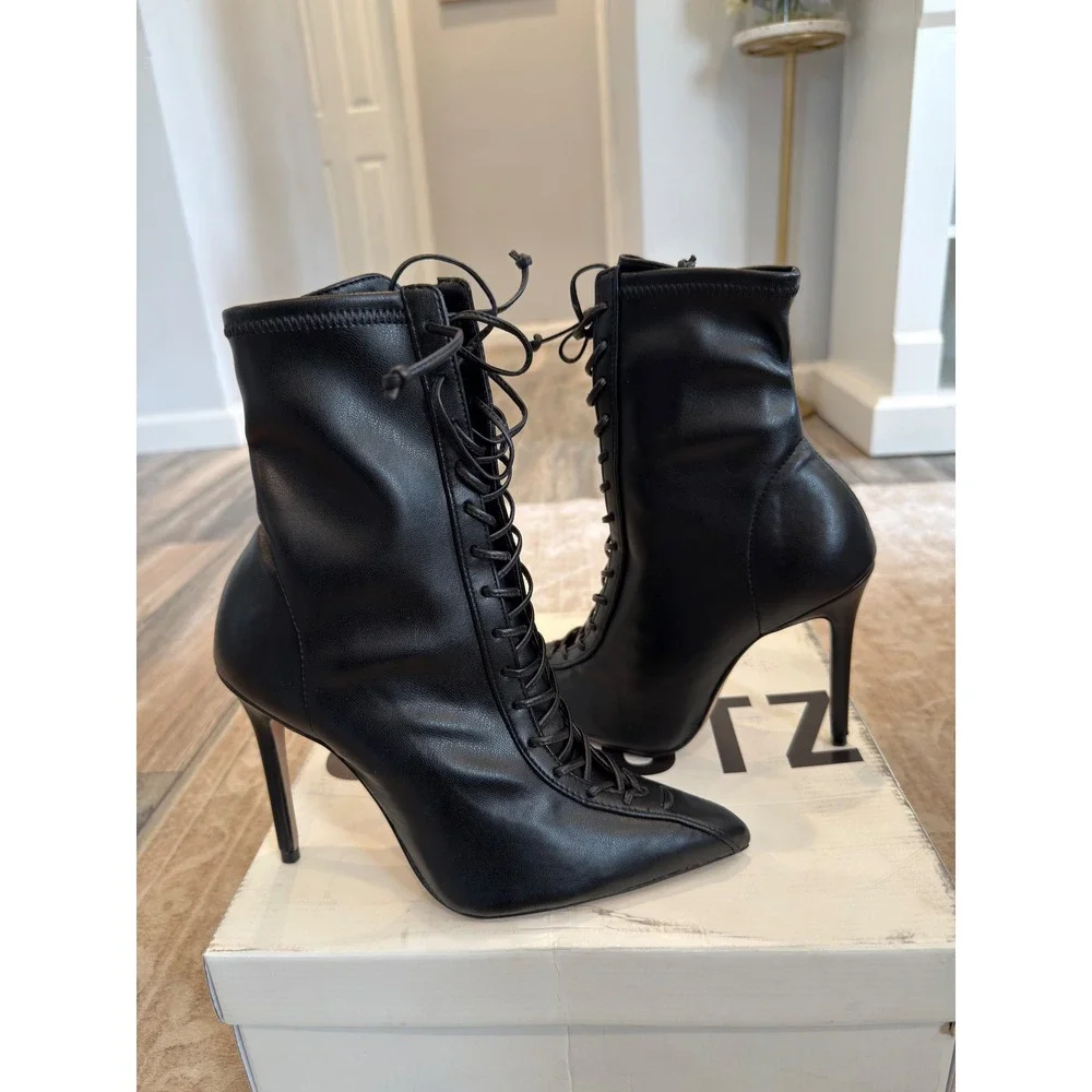 Schutz Tennie Black Nappa Leather Lace Up Pointed Toe Stiletto Booties 6.5B NEW
